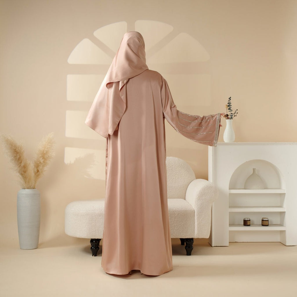 Eid Abaya For Eid Celebrations: Champagne Gold Bead Embroidery Two-Piece Abaya  (MOA113)