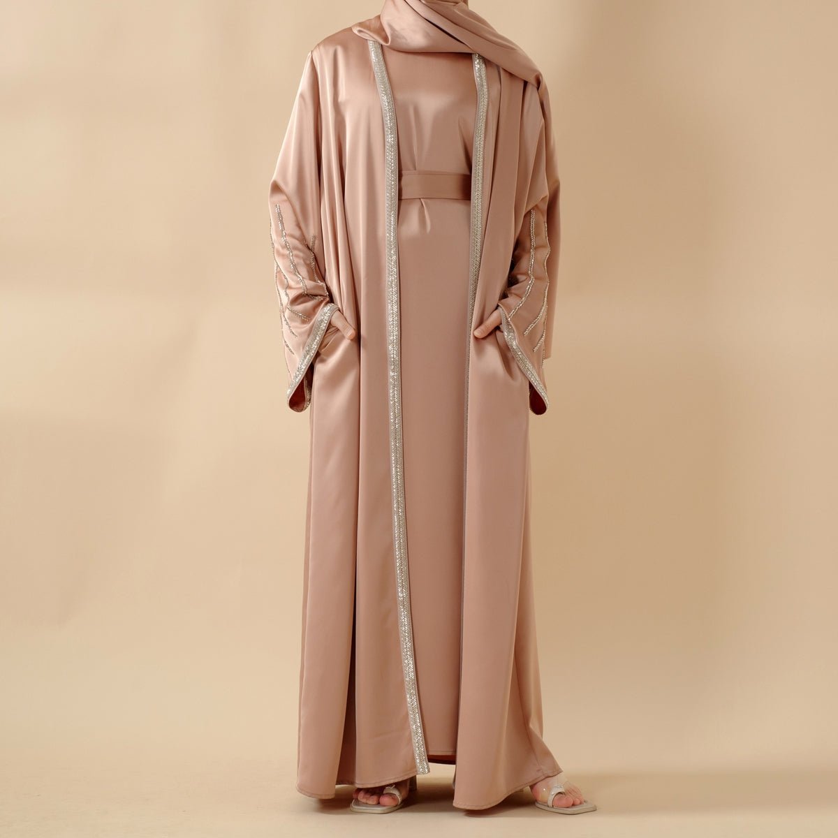 Eid Abaya For Eid Celebrations: Champagne Gold Bead Embroidery Two-Piece Abaya  (MOA113)
