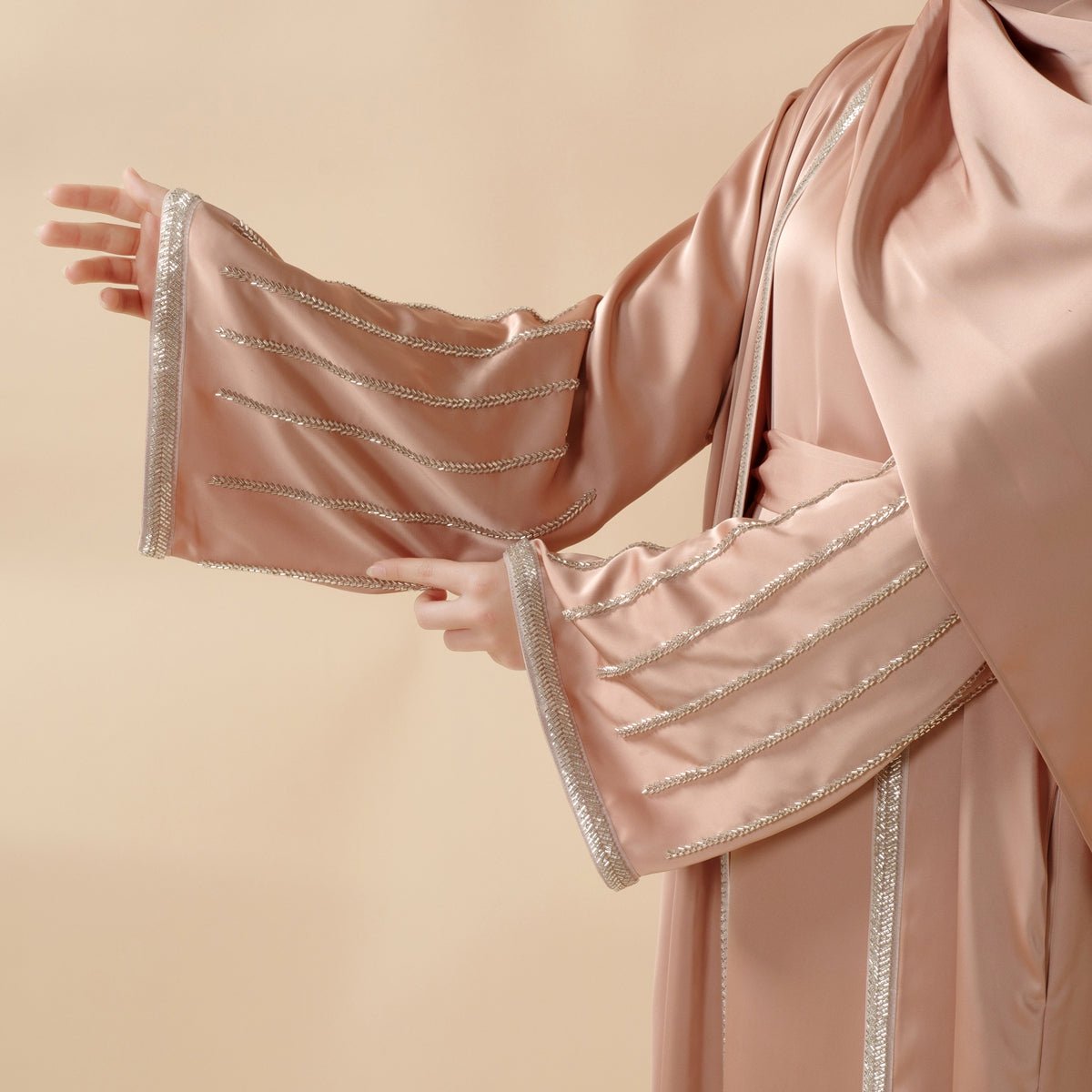 Eid Abaya For Eid Celebrations: Champagne Gold Bead Embroidery Two-Piece Abaya  (MOA113)