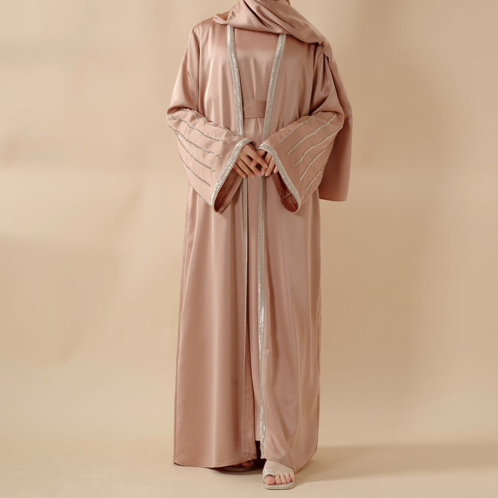 Eid Abaya For Eid Celebrations: Champagne Gold Bead Embroidery Two-Piece Abaya  (MOA113)