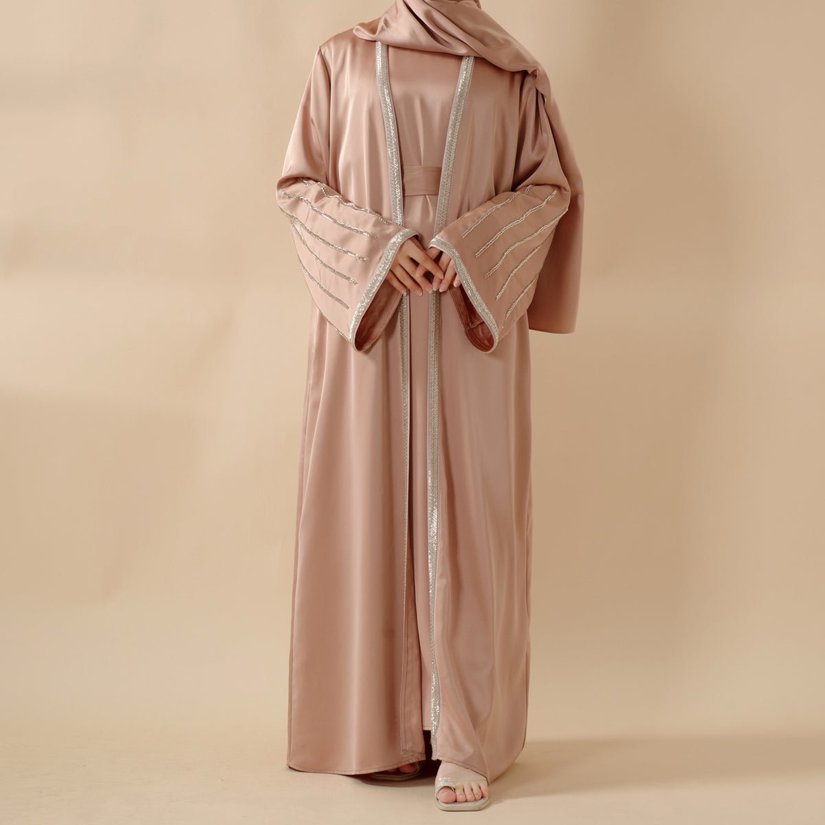 Eid Abaya For Eid Celebrations: Champagne Gold Bead Embroidery Two-Piece Abaya  (MOA113)