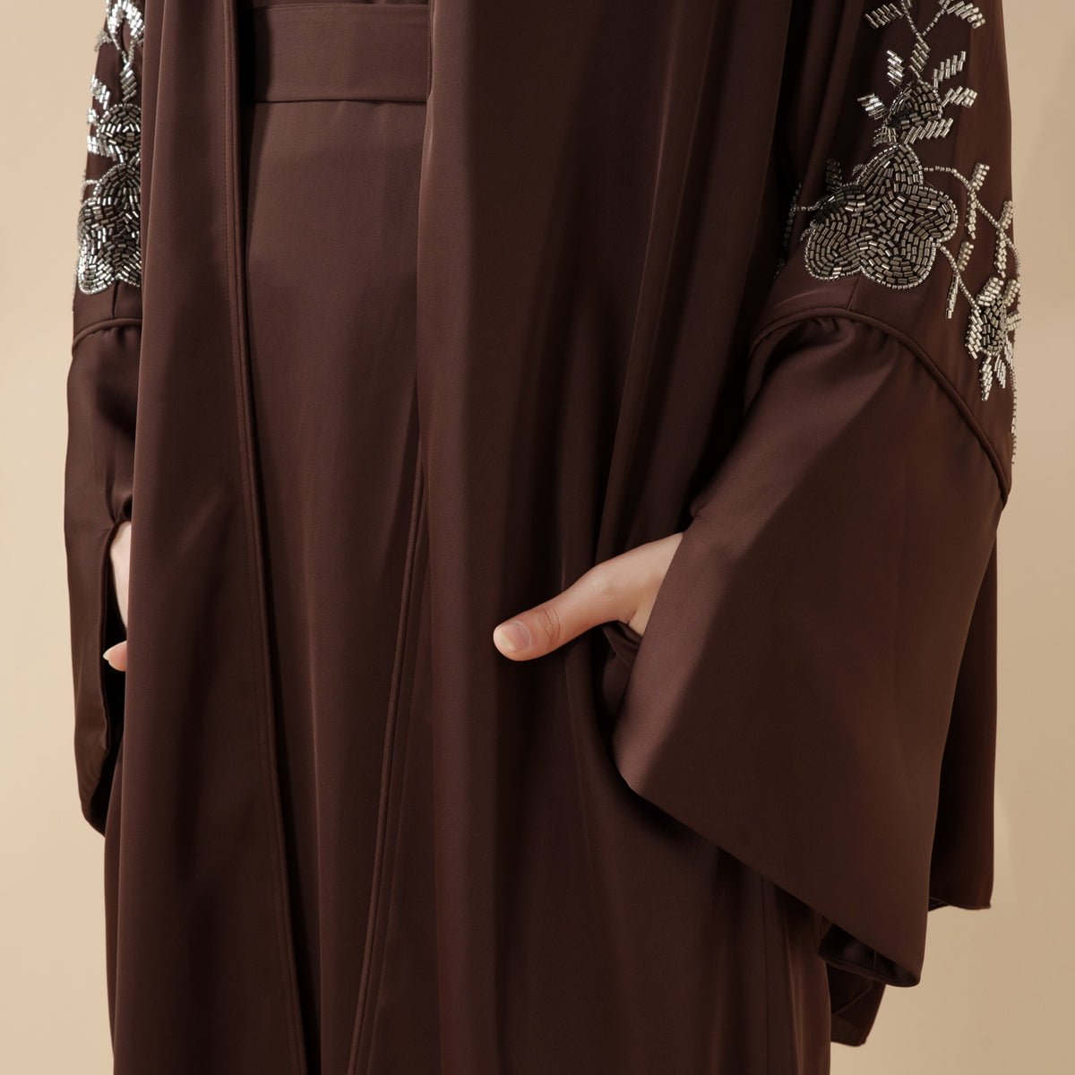 Eid Abaya - Perfect for Eid Celebrations Elegant Dark Brown Three-Piece Bead Embroidery (MOA112)