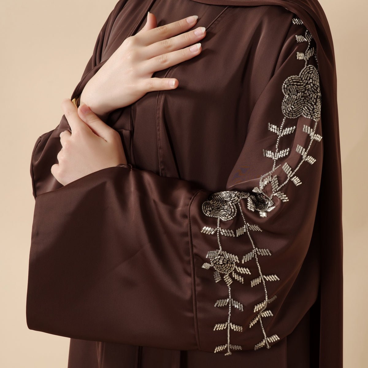 Eid Abaya - Perfect for Eid Celebrations Elegant Dark Brown Three-Piece Bead Embroidery (MOA112)