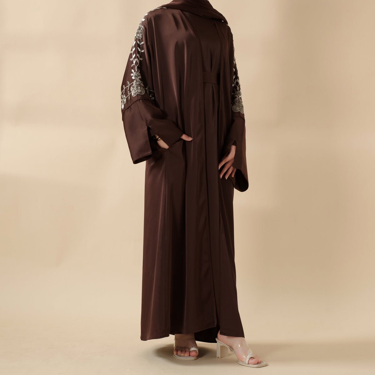 Eid Abaya - Perfect for Eid Celebrations Elegant Dark Brown Three-Piece Bead Embroidery (MOA112)