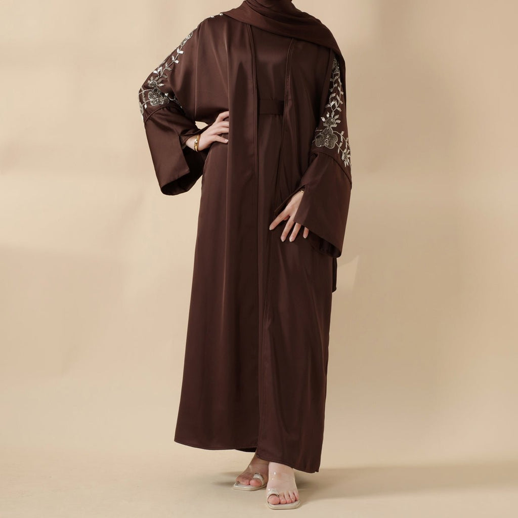 Eid Abaya - Perfect for Eid Celebrations Elegant Dark Brown Three-Piece Bead Embroidery (MOA112)
