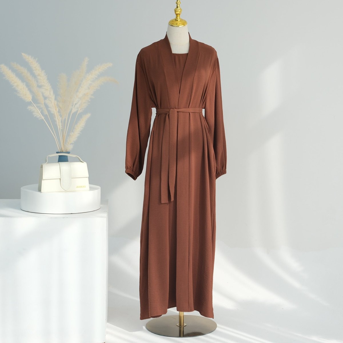 Solid Color Elegant Open Abaya with Pockets | 3-Piece Set Open Abaya (MOA092)