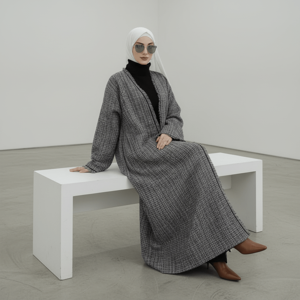 Plaid Tweed Open Abaya Coat with Fringe Details (MOA104)