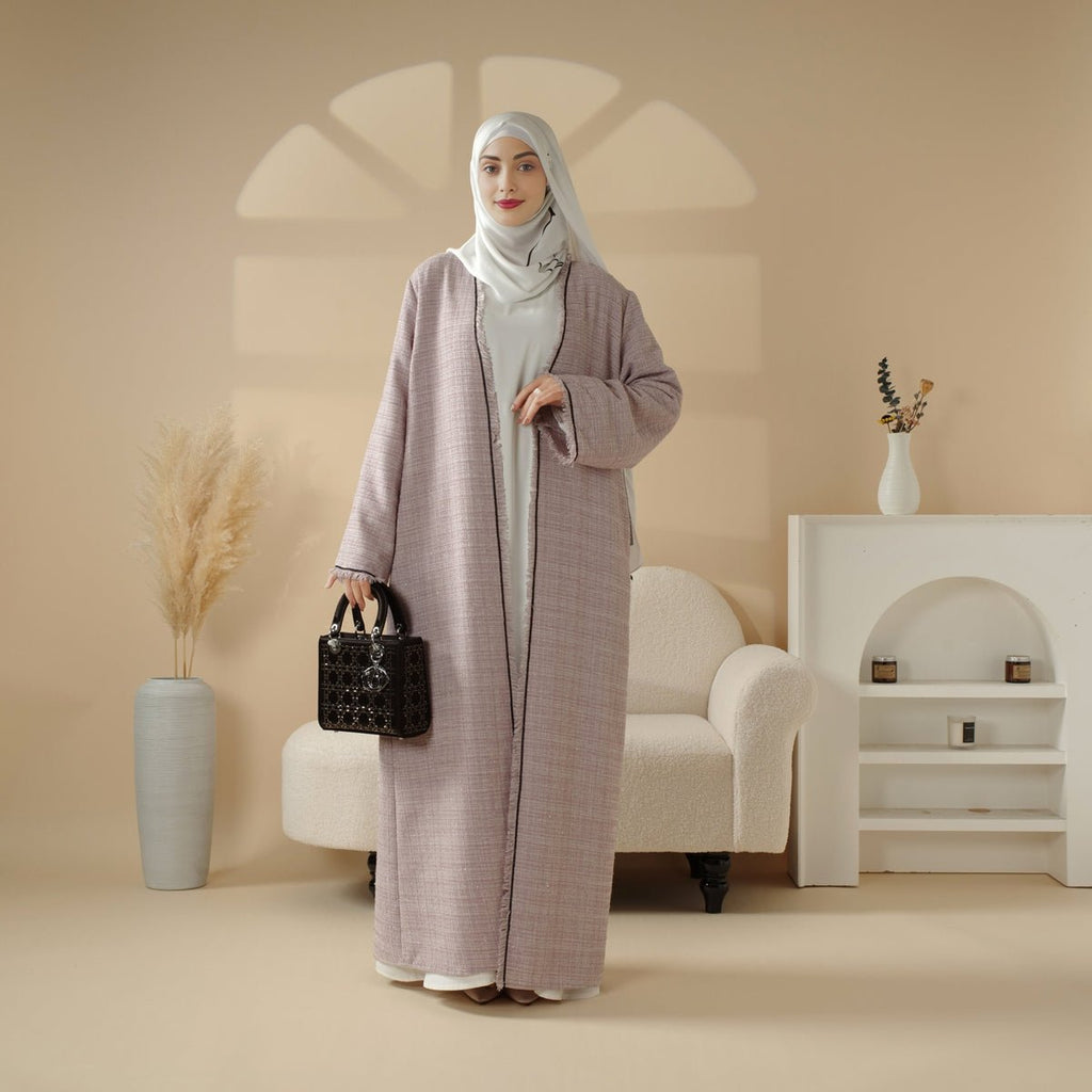Plaid Tweed Open Abaya Coat with Fringe Details (MOA104)
