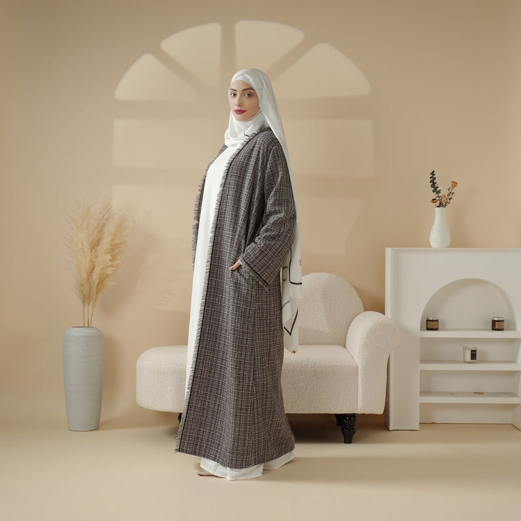 Plaid Tweed Open Abaya Coat with Fringe Details (MOA104)